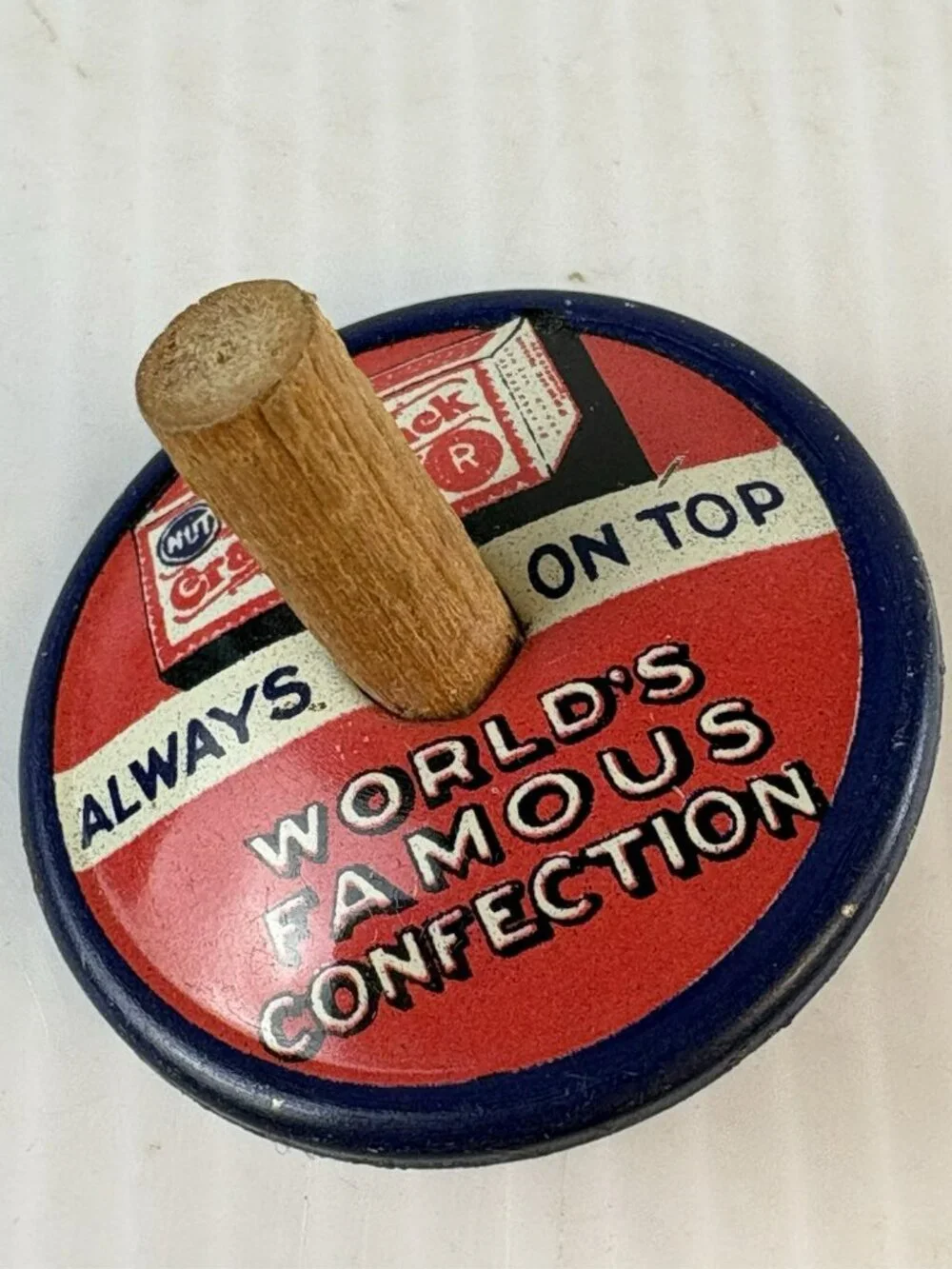 Antique 1920s Cracker Jack Tin Litho Spin Top Toy, 1.5in, Excellent Condition